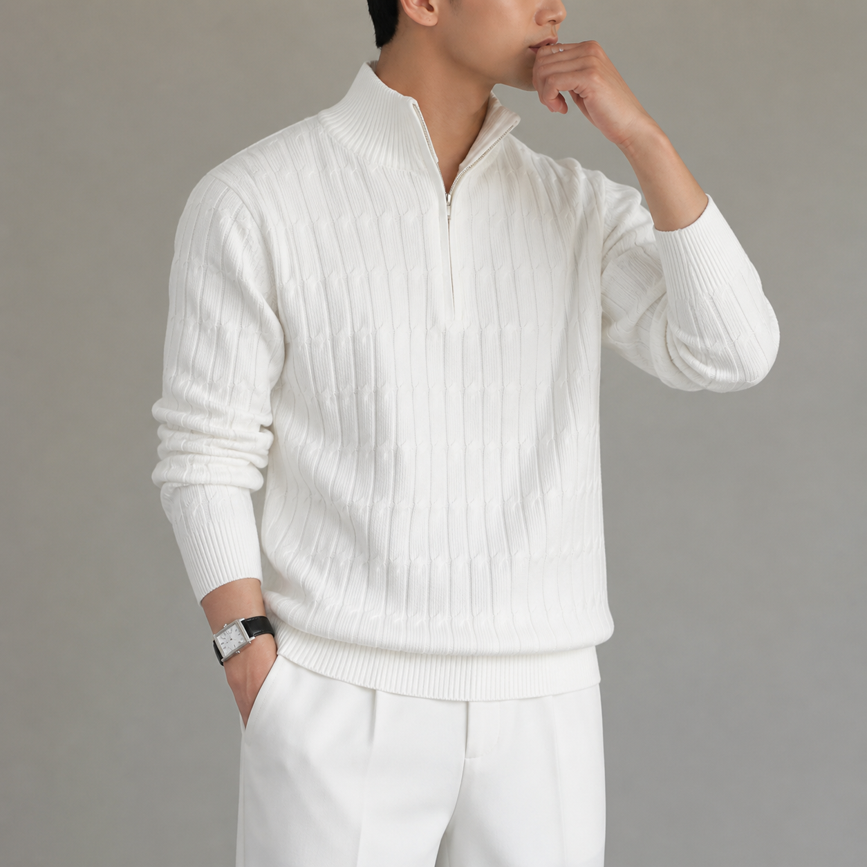 Sage Textured Quarter-Zip Sweater — photo 9